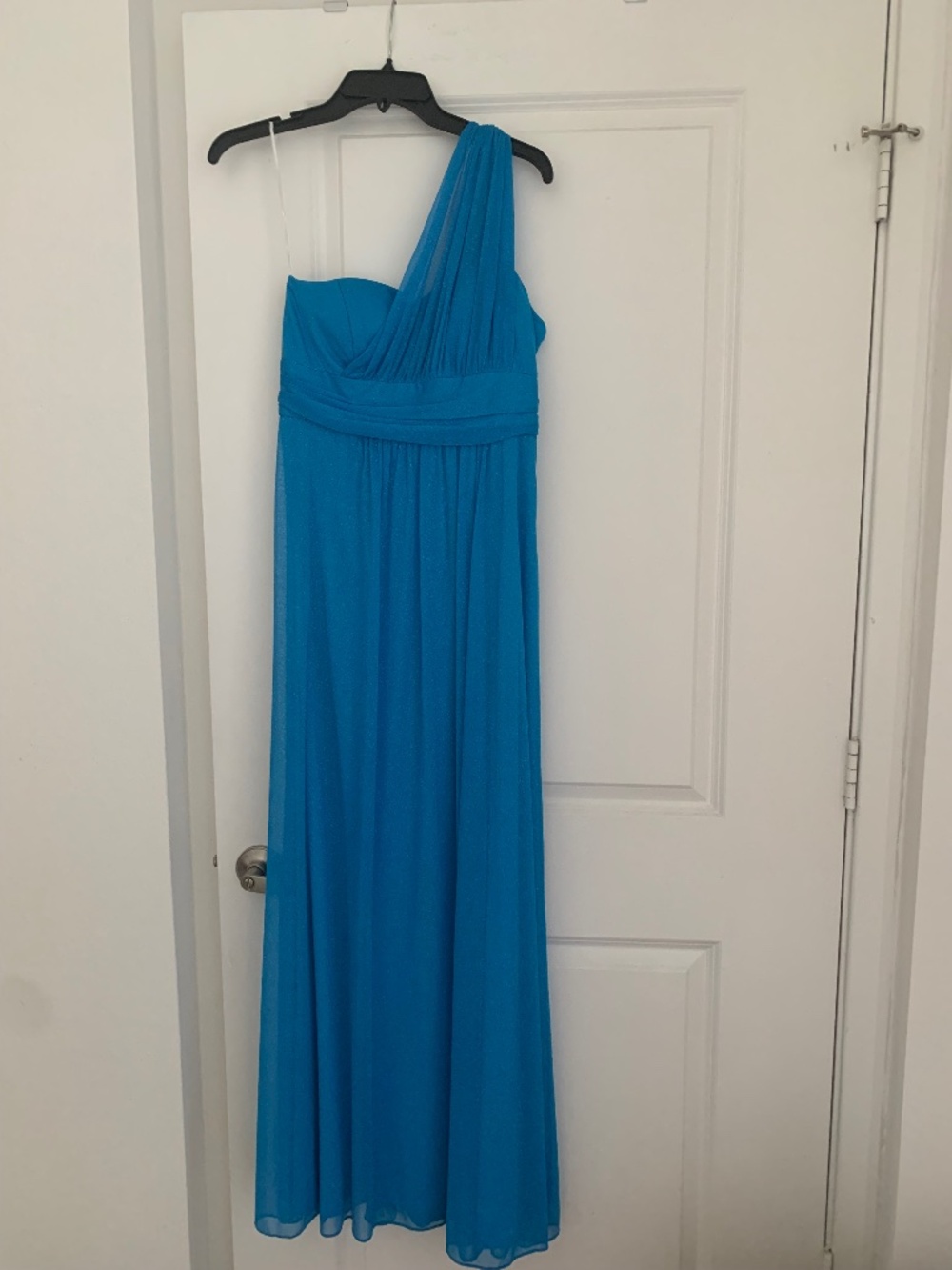 Onyx Nite Blue Sparkle One Shoulder Chiffon Maxi Gown Formal Prom Dress Sz 10